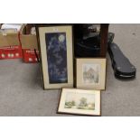A FRAMED AND GLAZED WATERCOLOUR OF A RURAL RIVER SCENE WITH COTTAGE SIGNED JAMES, TOGETHER WITH A