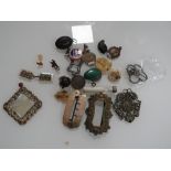 A BOX OF ANTIQUE AND VINTAGE COLLECTABLES TO INCLUDE FOB MEDALS, BELT BUCKLES ETC.