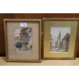 A PAIR OF CONTINENTAL STYLE WATERCOLOURS OF BUILDINGS BOTH SIGNED F TROIT