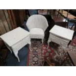 A LLOYD LOOM WHITE CHAIR & A PAIR OF WHITE BEDSIDE CHESTS (3)