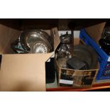 TWO BOXES OF ASSORTED METALWARE TO INCLUDE A SILVER PLATED TEA SERVICE