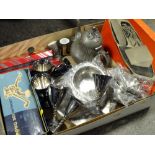 A TRAY OF METALWARE TO INCLUDE A SET OF SIX SILVER PLATED GOBLETS, BOXED MINCER ETC.