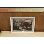 A FRAMED 19TH CENTURY OIL ON CANVAS OF A COW GRAZING IN A MOUNTAINOUS LANDSCAPE PICTURE SIZE -