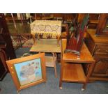 A RETRO TEAK TROLLEY, MAGAZINE RACK, SEWING BOX ETC (5)