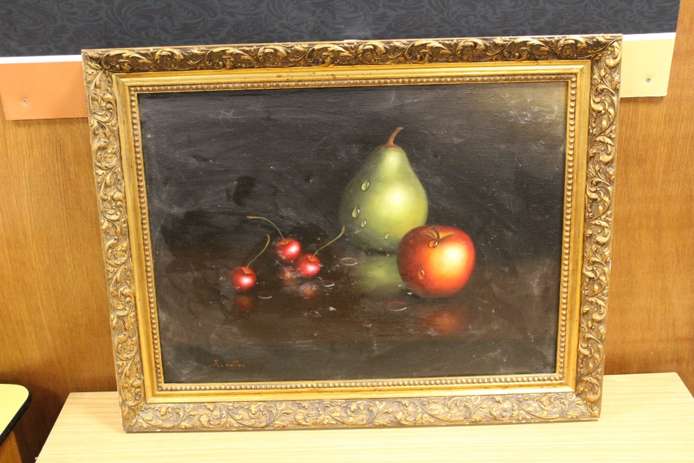 A GILT FRAMED OIL ON BOARD STILL LIFE STUDY OF FRUIT SIGNED K COTTON LOWER LEFT PICTURE SIZE -