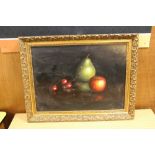 A GILT FRAMED OIL ON BOARD STILL LIFE STUDY OF FRUIT SIGNED K COTTON LOWER LEFT PICTURE SIZE -