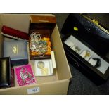 A BOX OF COSTUME JEWELLERY AND WRISTWATCHES TO INCLUDE A BOXED ROTARY EXAMPLE