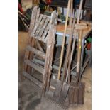 WOODEN STEP LADDERS TOGETHER WITH A SMALL SELECTION OF GARDENING EQUIPMENT ETC