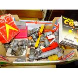 A BOX OF MODEL AEROPLANE PARTS TO INCLUDE MOTORS, PROPELLERS ETC.