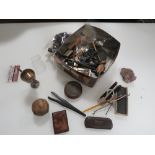 A BOX OF COLLECTABLES TO INCLUDE VINTAGE SPECTACLES, VINTAGE PENS, GLOVE STRETCHERS ETC.