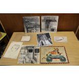 A SMALL TRAY OF UNFRAMED PENCIL DRAWINGS AND EPHEMERA ETC.