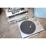 A TECHNICS STACKING STEREO TOGETHER WITH A TURNTABLE A/F AND A PAIR OF WHARFDALE SPEAKERS