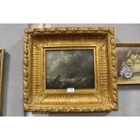 A GILT FRAMED 19TH CENTURY OIL ON PANEL DEPICTING A STORMY SEASCAPE WITH SAIL BOATS SIGNED T VON