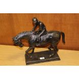 ***A MODERN REPRODUCTION CAST METAL FIGURE OF A JOCKEY ON HORSEBACK, H 39 CM, L 45 CM**