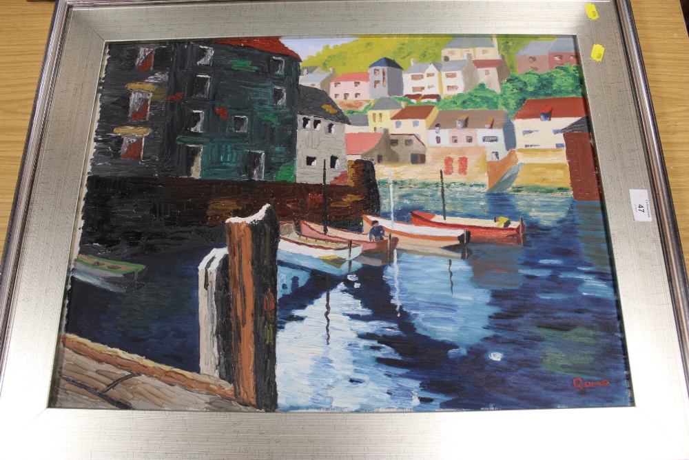 A FRAMED OIL ON CANVAS DEPICTING A HARBOUR SCENE SIGNED QUINE LOWER LEFT, TOGETHER WITH A COULSON - Image 2 of 3