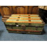 A VINTAGE BANDED TRAVELLING TRUNK, W 76 cm