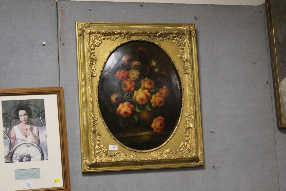 A GILT FRAMED 19TH CENTURY CONVEX OIL ON BOARD STILL LIFE STUDY OF FLOWERS IN A VASE OVERALL SIZE