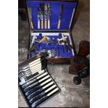 AN OAK CASED PART CANTEEN OF CUTLERY TOGETHER WITH A BOX OF LOOSE FLATWARE, CASED CUTLERY SET, ART
