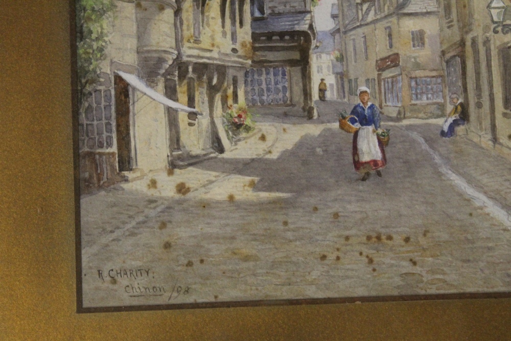 A GILT FRAMED AND GLAZED WATERCOLOUR OF A STREET SCENE SIGNED R CHARITY CHINON '98, TOGETHER WITH - Image 3 of 4