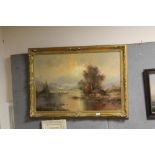 A LARGE GILT FRAMED OIL ON CANVAS OF A RURAL RIVER LANDSCAPE WITH FIGURES BESIDE A COTTAGE SIGNED C.