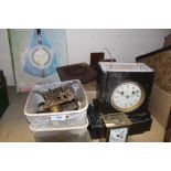 A QUANTITY OF CLOCK PARTS TO INCLUDE A BRASS CARRIAGE CLOCK A/F - BACK -PANEL MISSING, LARGE