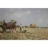 A GILT FRAMED OIL PAINTING OF A HAY CARTING SCENE WITH FIGURES SIGNED PENELOPE DOUGLAS