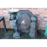 A THREE PIECE HEAVY CAST FOUNTAIN FEATURE WITH CHERUB FIGURE