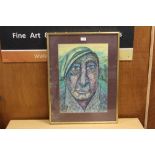 A FRAMED AND GLAZED ABSTRACT CRAYON PORTRAIT STUDY SIGNED P R TARRANT LOWER RIGHT. PICTURE SIZE -
