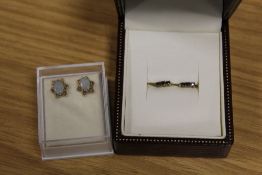 A PAIR OF VINTAGE OPAL EFFECT STUD EARRINGS TOGETHER WITH A PAIR OF 9 CARAT GOLD SAPPHIRE EARRINGS