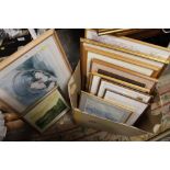 A BOX OF ASSORTED PICTURES AND PRINTS TO INCLUDE WATERCOLOURS, MAPS, LOWRY PRINT ETC.