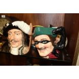 FIVE LARGE ROYAL DOULTON CHARACTER JUGS TO INCLUDE ROBIN HOOD, LONG JOHN SILVER, DICK TURPIN ETC.