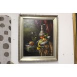 KLOTON- A CONTINENTAL FRAMED OIL ON CANVAS TABLETOP STILL LIFE STUDY OF FRUIT WITH ARTIST