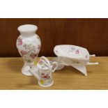 AYNSLEY ELIZABETH ROSE WHEELBARROW ORNAMENT AND WATERING CAN TOGETHER WITH A MATCHING VASE (3)
