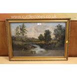 A GILT FRAMED AND GLAZED OIL ON CANVAS OF A COUNTRY RIVER LANDSCAPE WITH COTTAGE SIGNED G MARE LOWER