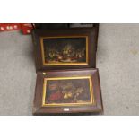 A PAIR OF ANTIQUE OAK FRAMED OIL ON CANVAS STILL LIFE STUDIES OF FRUIT, ONE SIGNED J W BURTON A/