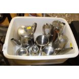 A BOX OF PEWTER AND STAINLESS STEEL TEAWARE TO INCLUDE OLD HALL