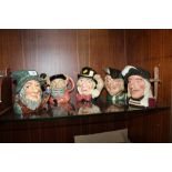 FIVE LARGE ROYAL DOULTON CHARACTER JUGS, TO INCLUDE THE MAD HATTER, ROBIN HOOD, RIP VAN WINKLE ETC.
