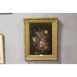 A GILT FRAMED 19TH CENTURY OIL ON CANVAS STILL LIFE STUDY OF FLOWERS IN A VASE PICTURE SIZE - 52CM X