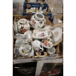 A TRAY OF ASSORTED CHINA AND CERAMICS TO INCLUDE ROYAL ALBERT, ROYAL WORCESTER, DRESDEN ETC.
