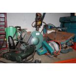 A BOSCH DRILL, BENCH GRINDER, BLACK & DECKER CIRCULAR SAW ETC