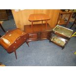 A VINTAGE TAMBOUR SEWING BOX, TV UNIT AND TWO OCCASIONAL TABLES (4)