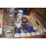 A BOX OF CERAMICS AND GLASSWARE TO INCLUDE DECANTERS, CARLTONWARE PART COFFEE SET ETC