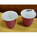 A PAIR OF SMALL PINK ORIENTAL CERAMIC MATTE FINISH CUPS - HEIGHT 6CM