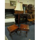 A SMALL PAIR OF REPRODUCTION MAHOGANY TABLES TOGETHER WITH A STANDARD LAMP WITH SHADE (3)