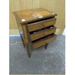 AN ANTIQUE AND INLAID SMALL THREE DRAWER SIDE TABLE H 70 CM, W 44 CM
