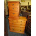 A MODERN PINE FIVE DRAWER CHEST, W 87 cm, AND A SIMILAR THREE DRAWER CHEST (2)