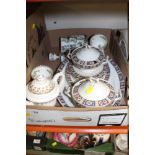 A TRAY OF ASSORTED CHINA TO INCLUDE COALPORT INDIAN TREE, WORCESTER TEA POT ETC.