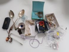 A BAG OF COLLECTABLES AND COSTUME JEWELLERY TO INCLUDE A PAIR OF ANTIQUE HALLMARKED SILVER SUGAR