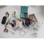 A BAG OF COLLECTABLES AND COSTUME JEWELLERY TO INCLUDE A PAIR OF ANTIQUE HALLMARKED SILVER SUGAR