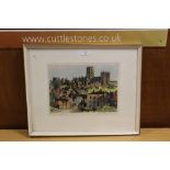 A FRAMED AND GLAZED SIGNED JAMES PRIDDEY PRINT ENTITLED 'DURHAM CATHEDRAL' PICTURE SIZE - 36CM X